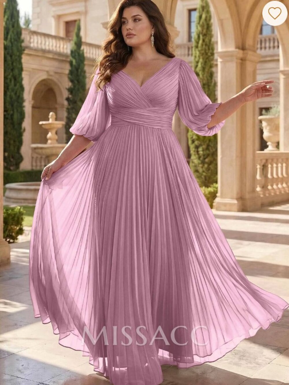 Plus size- Chiffon Dress With Pleated-MAUVE Color